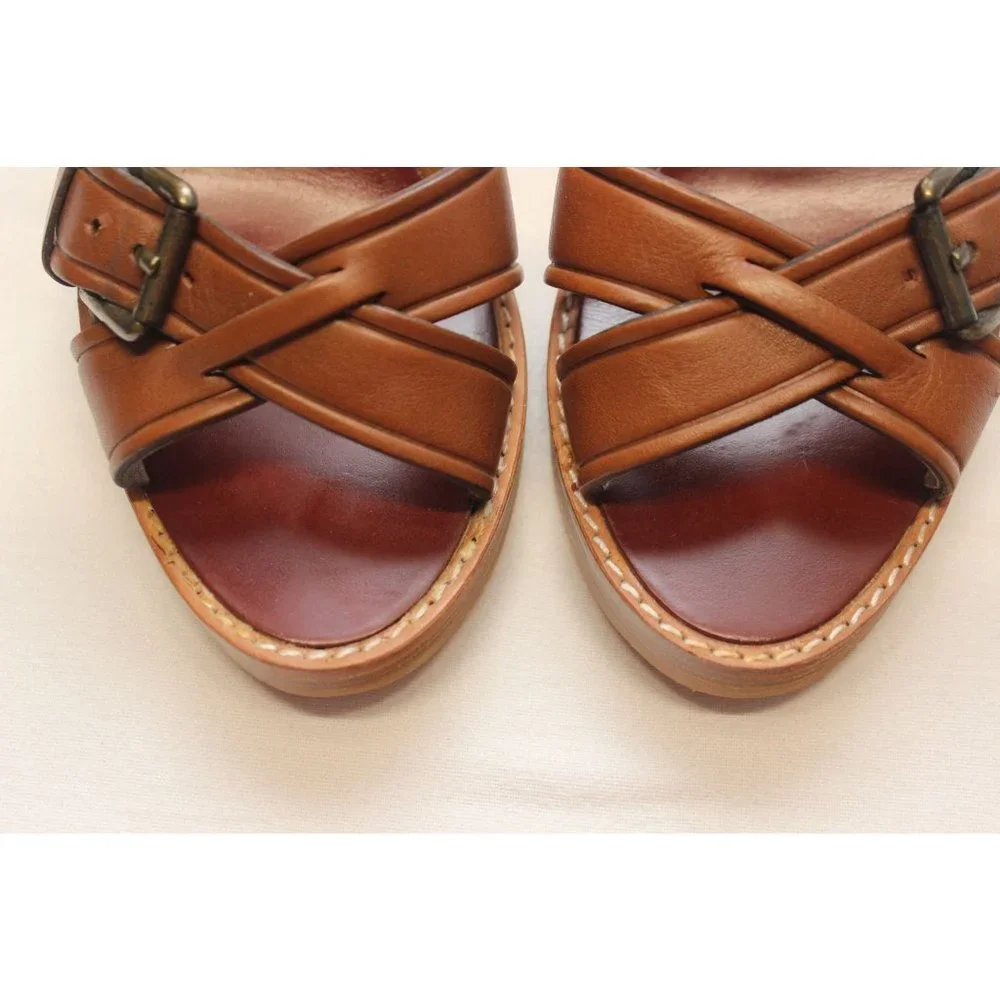 Bawcock wood leather adjustable buckle cross strap wedge sandals‎ 37